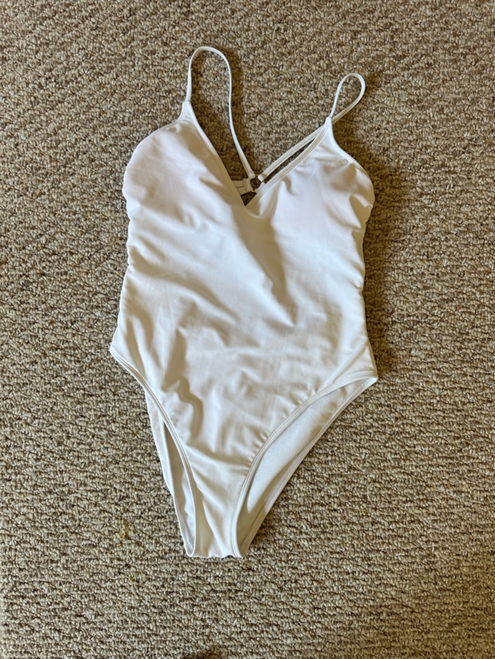 Shade & Shore White V-Neck One-Piece Swimsuit. Strappy cut out back swim suit.